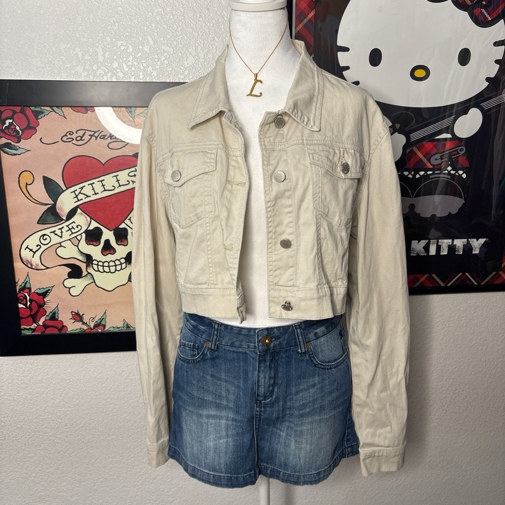 Funhouse Vintage Cream Cropped Denim Jacket 90s Y2K Everyday Casual